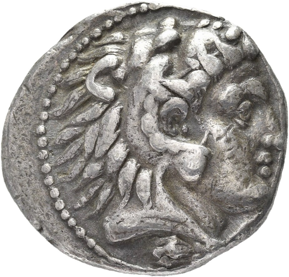 PRICE 3495 Alexander III obverse — Head of beardless Heracles right wearing lion skin headdress