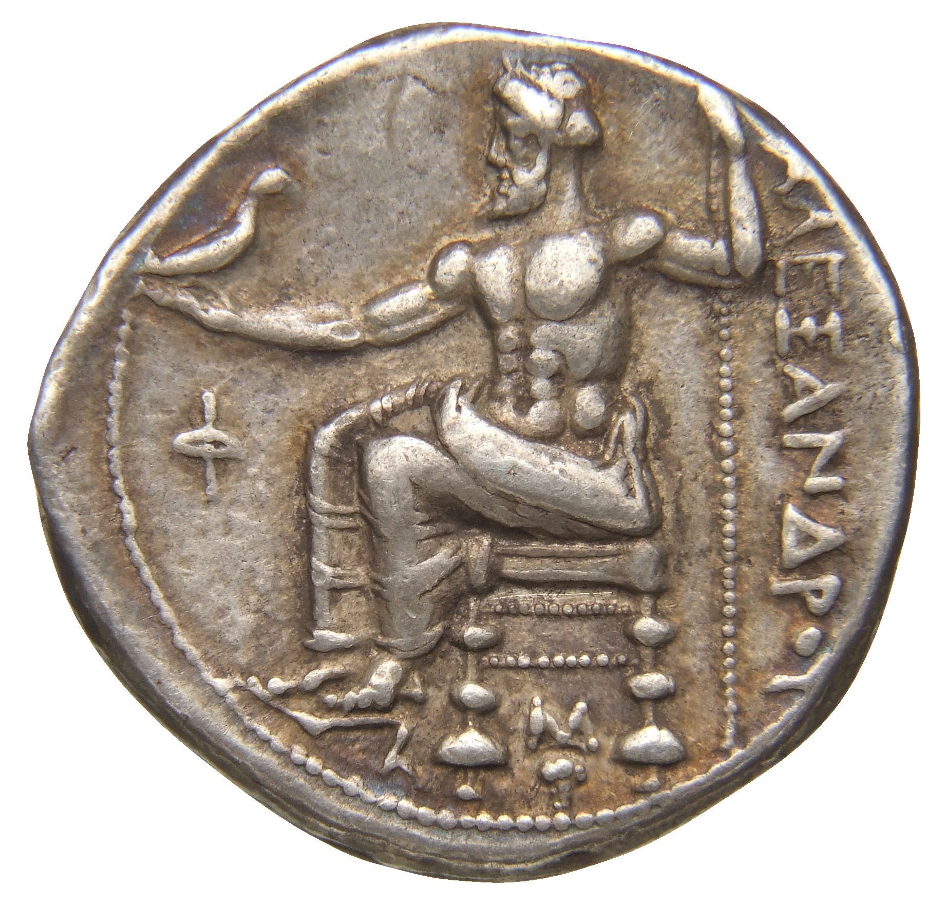 Alexander III reverse — Zeus seated on stool-throne left, eagle on outstretched right hand, sceptre in left hand