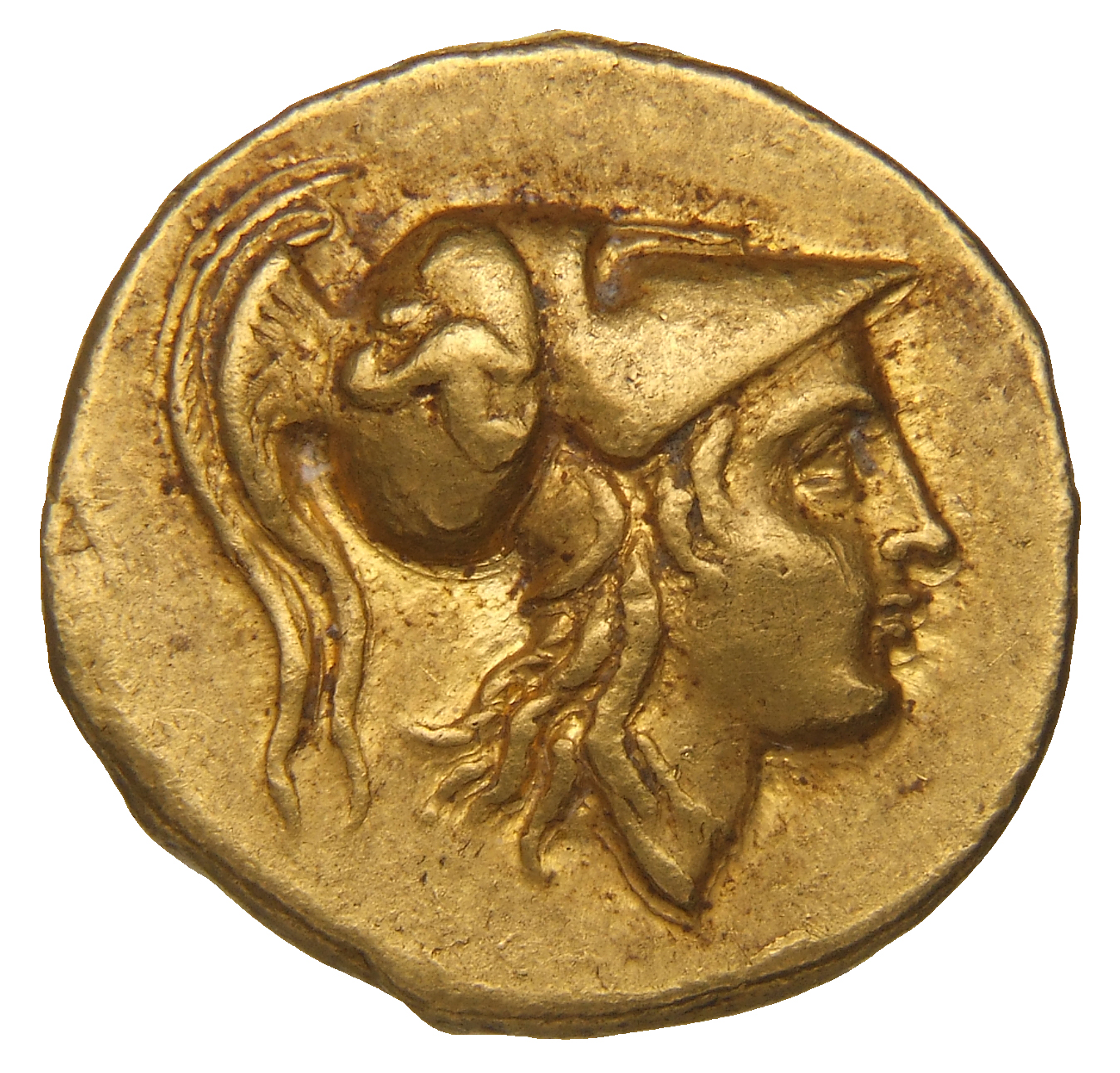 Alexander III obverse — Head of Athena right wearing Corinthian helmet with crest; sphinx on bowl of helmet