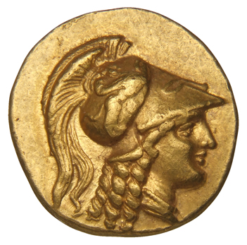 Alexander III obverse — Head of Athena right wearing Corinthian helmet with crest; griffin on bowl of helmet