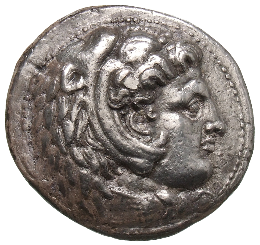Alexander III obverse — Head of beardless Heracles right wearing lion skin headdress
