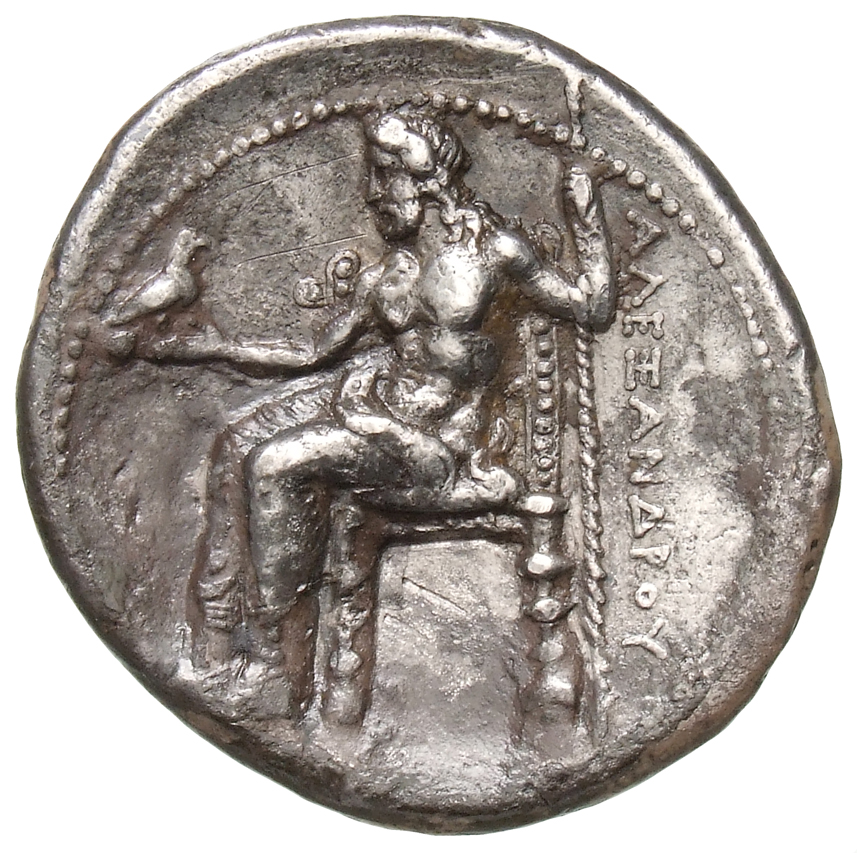 Alexander III reverse — Zeus seated on stool-throne left, eagle on outstretched right hand, sceptre in left hand