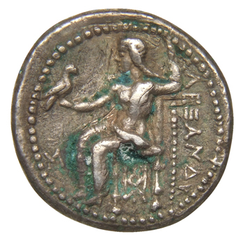Alexander III reverse — Zeus seated on stool-throne left, eagle on outstretched right hand, sceptre in left hand