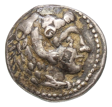 Alexander III obverse — Head of beardless Heracles right wearing lion skin headdress