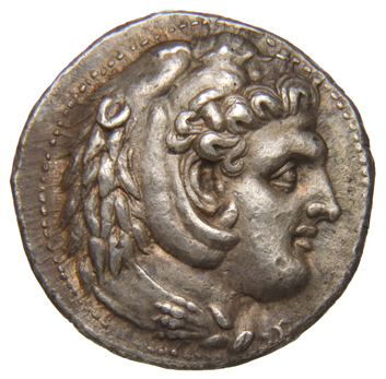 Alexander III obverse — Head of beardless Heracles right wearing lion skin headdress