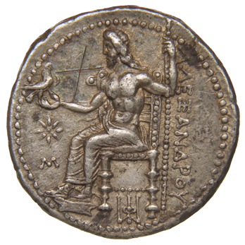 Alexander III reverse — Zeus seated on stool-throne left, eagle on outstretched right hand, sceptre in left hand