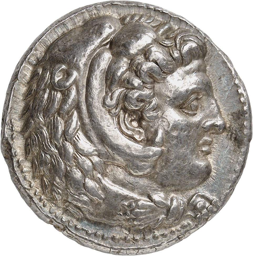 PRICE 3677 Alexander III obverse, Head of beardless Heracles right wearing lion skin headdress