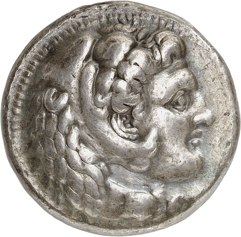 PRICE 3678 Alexander III obverse, Head of beardless Heracles right wearing lion skin headdress