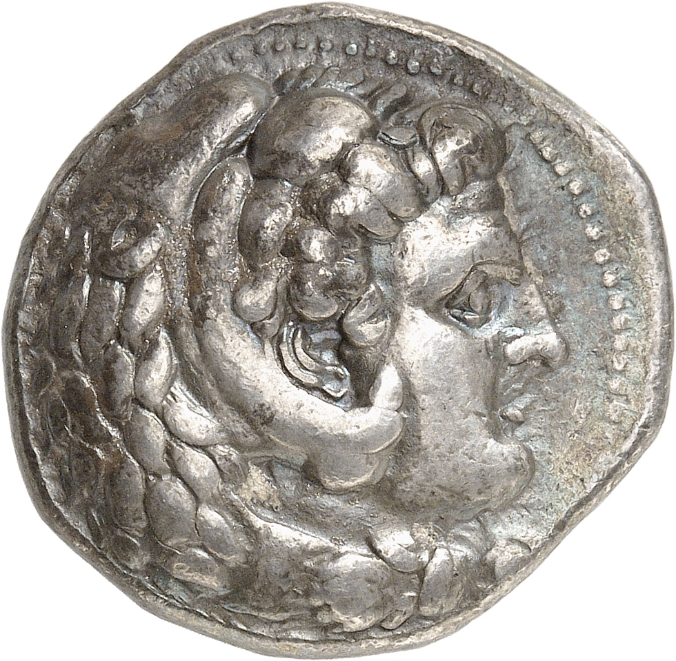 PRICE 3679 Alexander III obverse, Head of beardless Heracles right wearing lion skin headdress