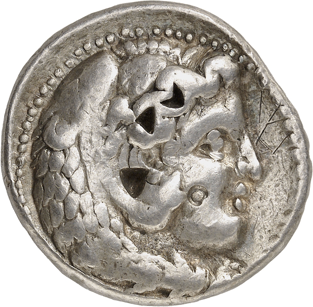 PRICE 3679 Alexander III obverse, Head of beardless Heracles right wearing lion skin headdress