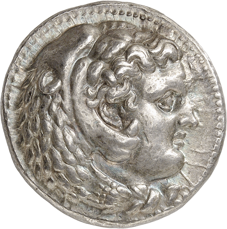 PRICE 3682 Alexander III obverse, Head of beardless Heracles right wearing lion skin headdress