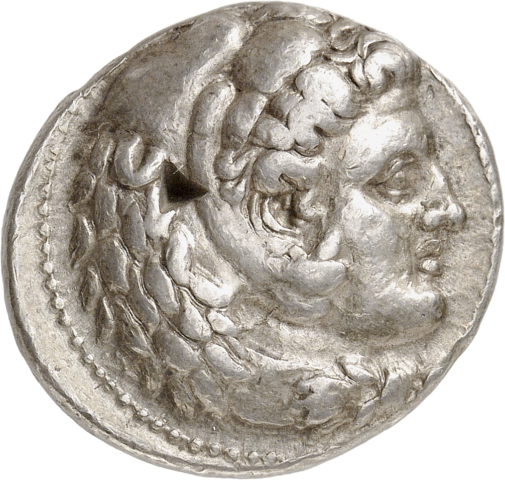 PRICE 3683 Alexander III obverse, Head of beardless Heracles right wearing lion skin headdress