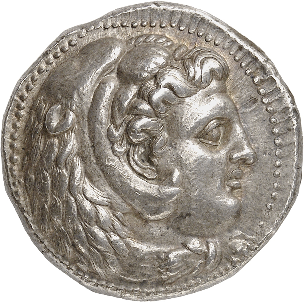 PRICE 3684 Alexander III obverse, Head of beardless Heracles right wearing lion skin headdress