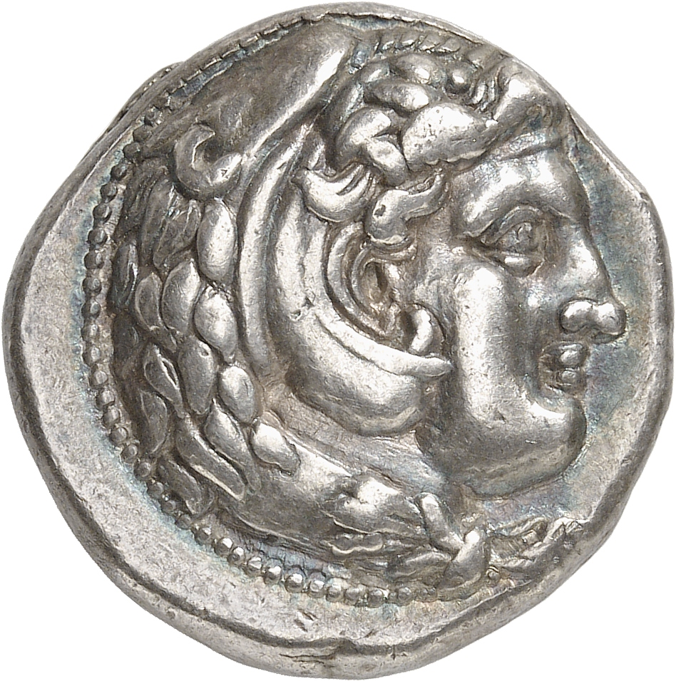 PRICE 3684 Alexander III obverse, Head of beardless Heracles right wearing lion skin headdress