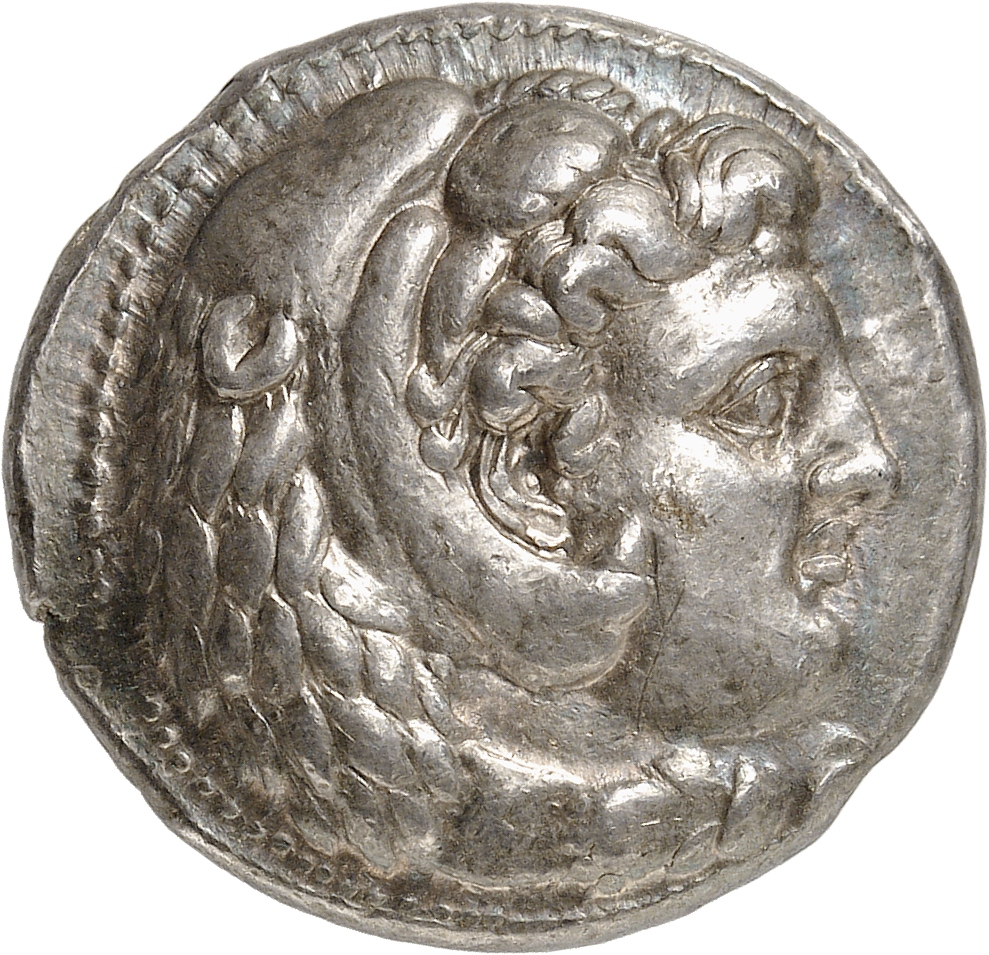 PRICE 3686 Alexander III obverse, Head of beardless Heracles right wearing lion skin headdress