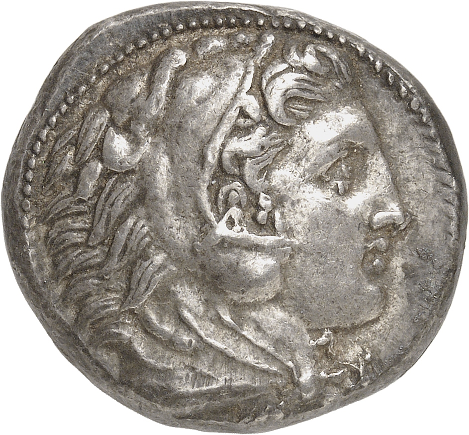 PRICE 38 Alexander III obverse, Head of beardless Heracles right wearing lion skin headdress