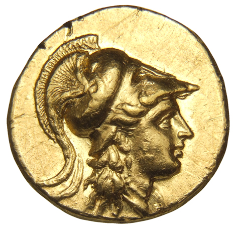 Alexander III obverse — Head of Athena right wearing Corinthian helmet with crest