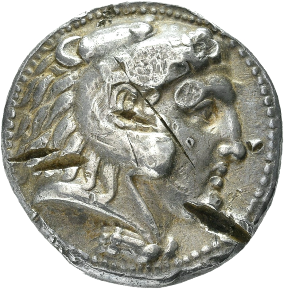 PRICE 3964 Alexander III obverse, Head of beardless Heracles right wearing lion skin headdress