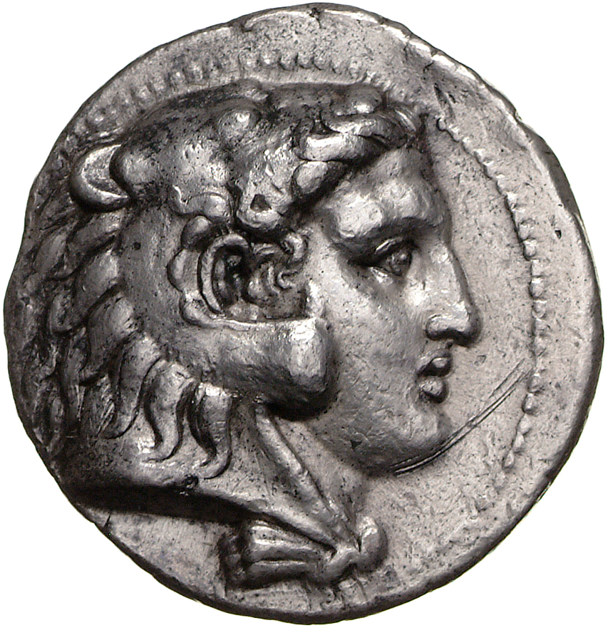 Alexander III obverse — Head of beardless Heracles right wearing lion skin headdress
