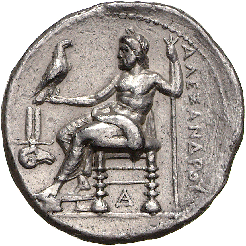 Alexander III reverse — Zeus seated on stool-throne left, eagle on outstretched right hand, sceptre in left hand