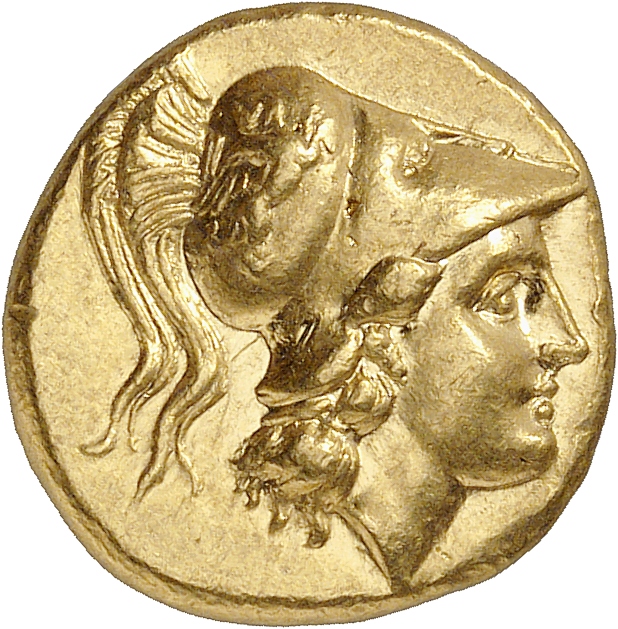 PRICE 3965 Alexander III obverse, Head of Athena right wearing Corinthian helmet with crest; griffin on bowl of helmet