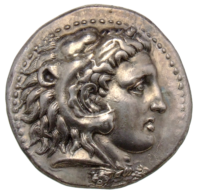 Alexander III obverse — Head of beardless Heracles right wearing lion skin headdress