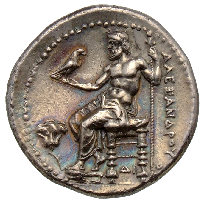 Alexander III reverse — Zeus seated on stool-throne left, eagle on outstretched right hand, sceptre in left hand