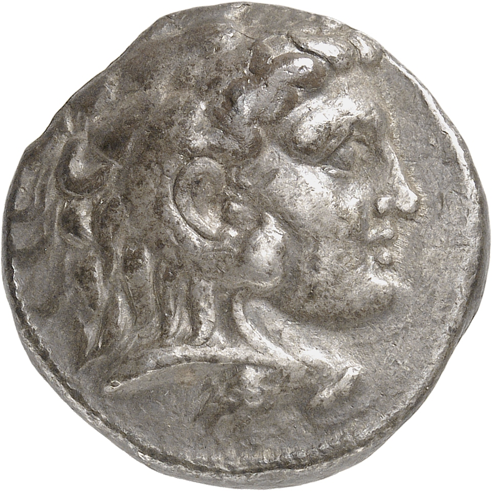 PRICE 3972 Alexander III obverse, Head of beardless Heracles right wearing lion skin headdress