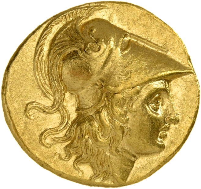 PRICE 3980 Ptolemy I obverse, Head of Athena right wearing Corinthian helmet with crest