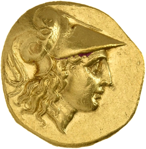 PRICE 3980 Ptolemy I obverse, Head of Athena right wearing Corinthian helmet with crest