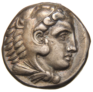Alexander III obverse — Head of beardless Heracles right wearing lion skin headdress