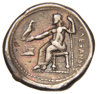 Alexander III reverse — Zeus seated on stool-throne left, eagle on outstretched right hand, sceptre in left hand