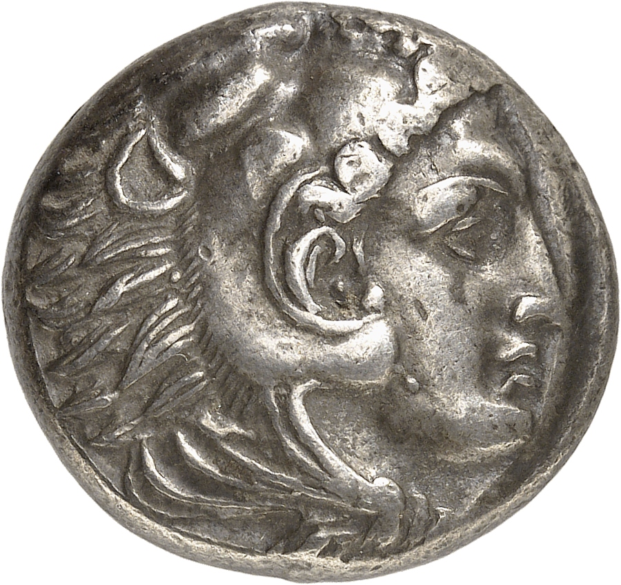 PRICE 43 Alexander III obverse, Head of beardless Heracles right wearing lion skin headdress