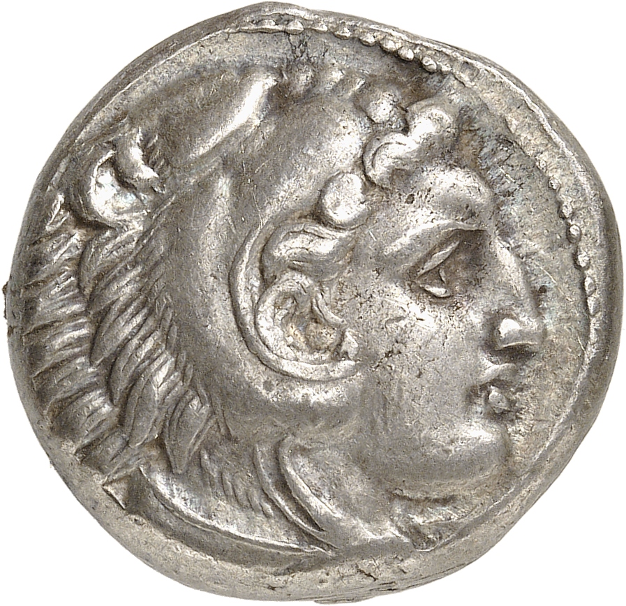 PRICE 44 Alexander III obverse, Head of beardless Heracles right wearing lion skin headdress