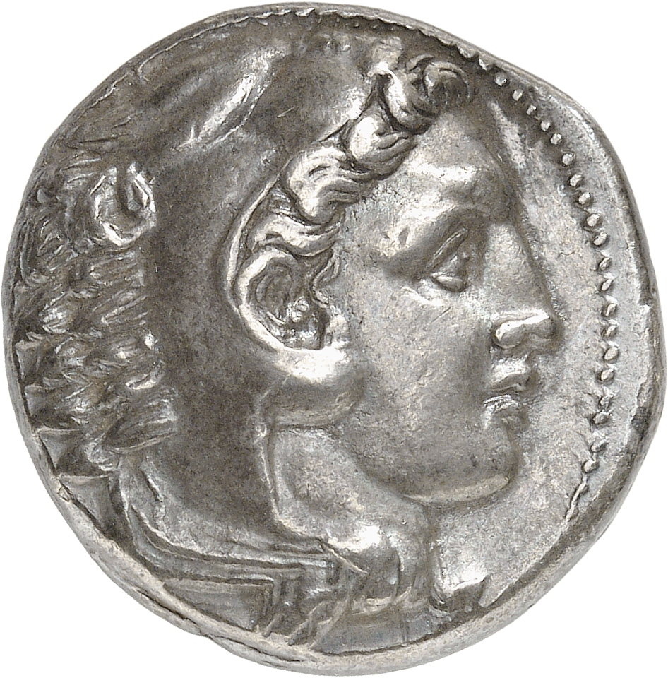 PRICE 5 Alexander III obverse, Head of beardless Heracles right wearing lion skin headdress