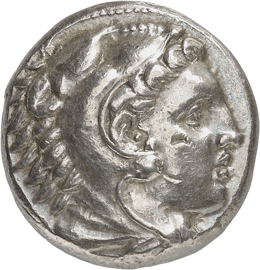 PRICE 5 Alexander III obverse, Head of beardless Heracles right wearing lion skin headdress