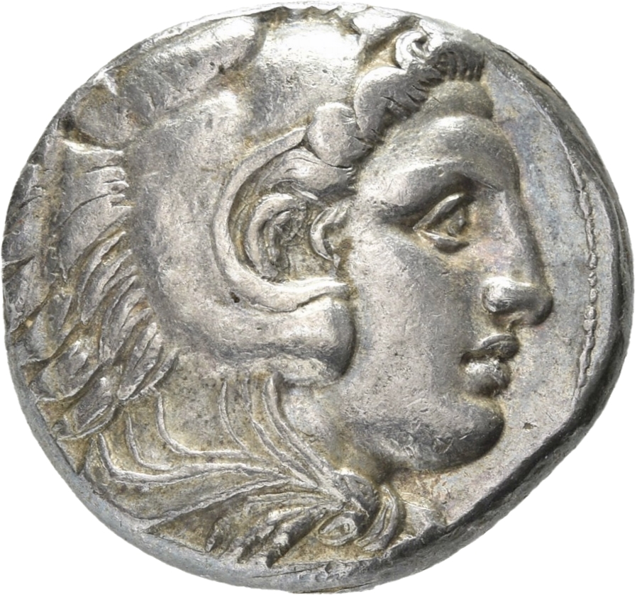 PRICE 51 Alexander III obverse, Head of beardless Heracles right wearing lion skin headdress