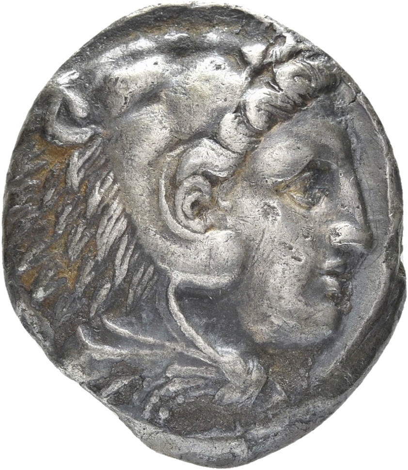 PRICE 51 Alexander III obverse, Head of beardless Heracles right wearing lion skin headdress