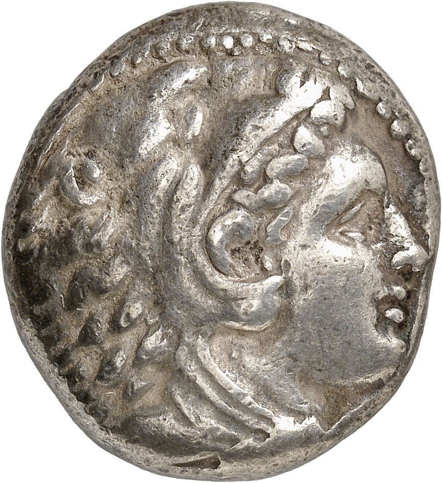 PRICE 57 Alexander III obverse, Head of beardless Heracles right wearing lion skin headdress