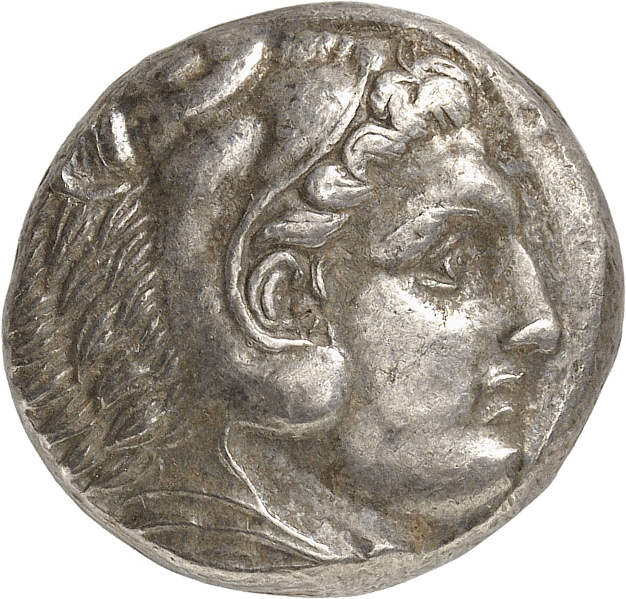PRICE 57 Alexander III obverse, Head of beardless Heracles right wearing lion skin headdress