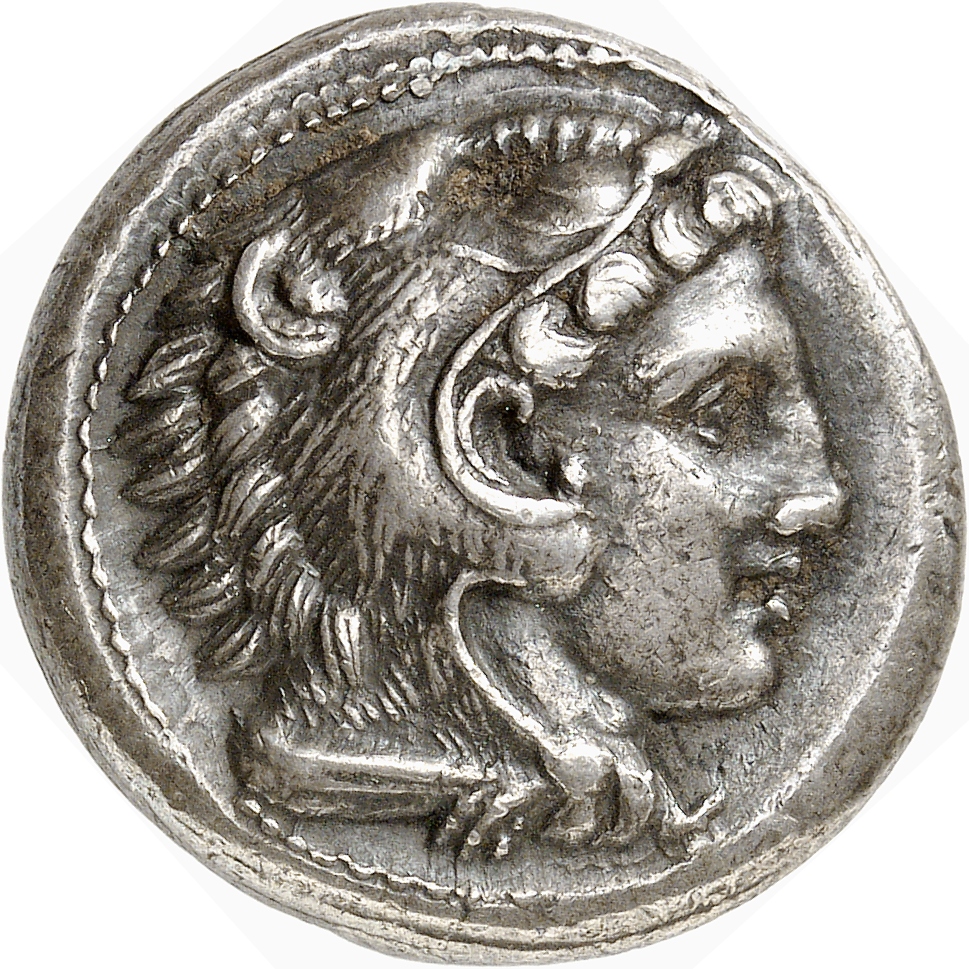 PRICE 6 Alexander III obverse, Head of beardless Heracles right wearing lion skin headdress