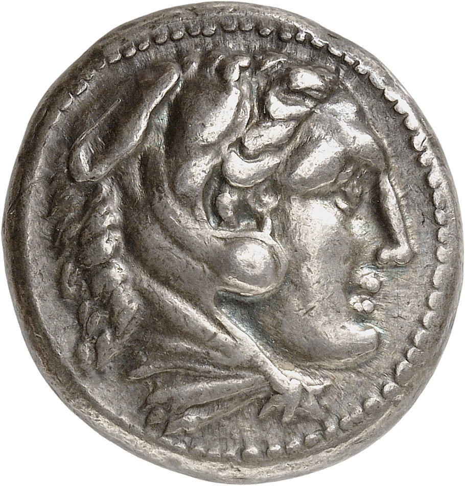PRICE 61 Alexander III obverse, Head of beardless Heracles right wearing lion skin headdress