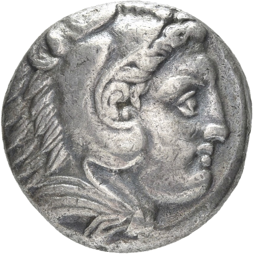 PRICE 66 Alexander III obverse, Head of beardless Heracles right wearing lion skin headdress