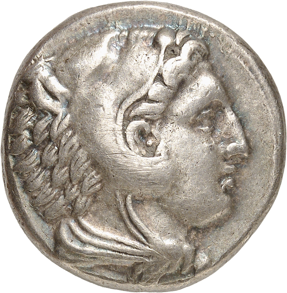 PRICE 71 Alexander III obverse, Head of beardless Heracles right wearing lion skin headdress