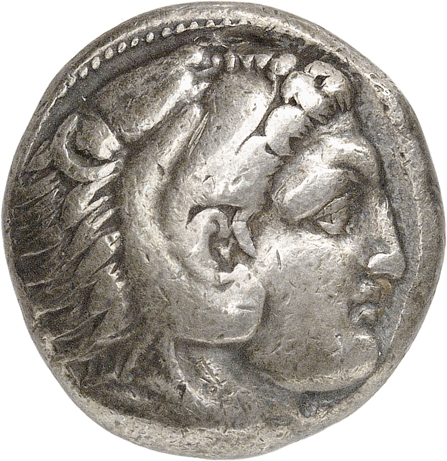 PRICE 73 Alexander III obverse, Head of beardless Heracles right wearing lion skin headdress