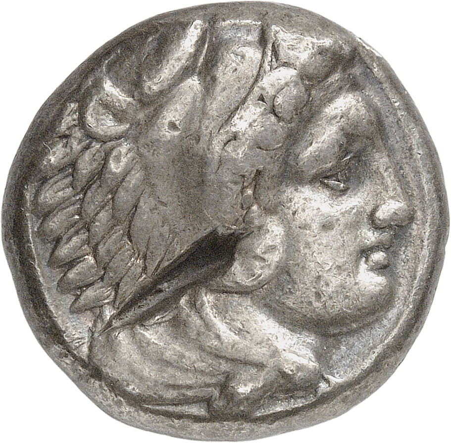 PRICE 73 Alexander III obverse, Head of beardless Heracles right wearing lion skin headdress