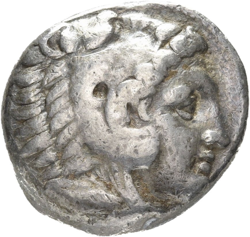 PRICE 75 Alexander III obverse, Head of beardless Heracles right wearing lion skin headdress