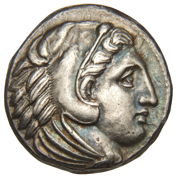 Alexander III obverse — Head of beardless Heracles right wearing lion skin headdress
