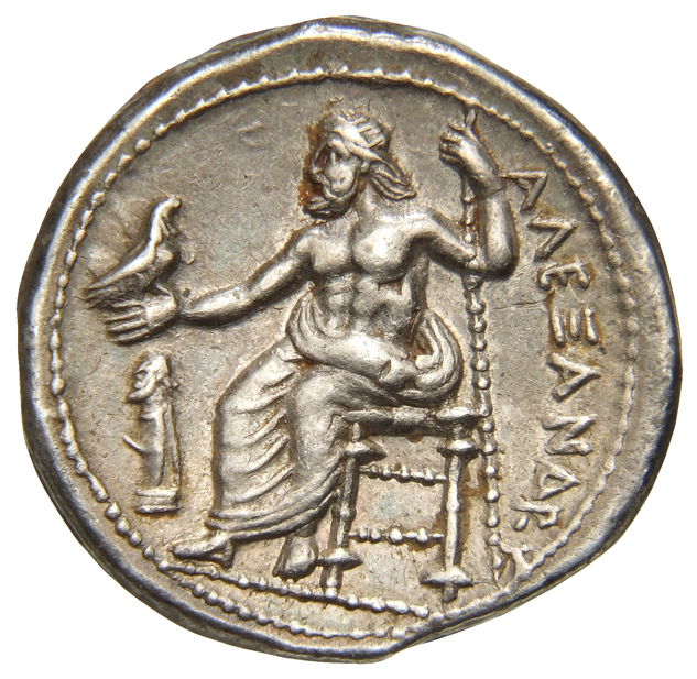 Alexander III reverse — Zeus seated on stool-throne left, eagle on outstretched right hand, sceptre in left hand