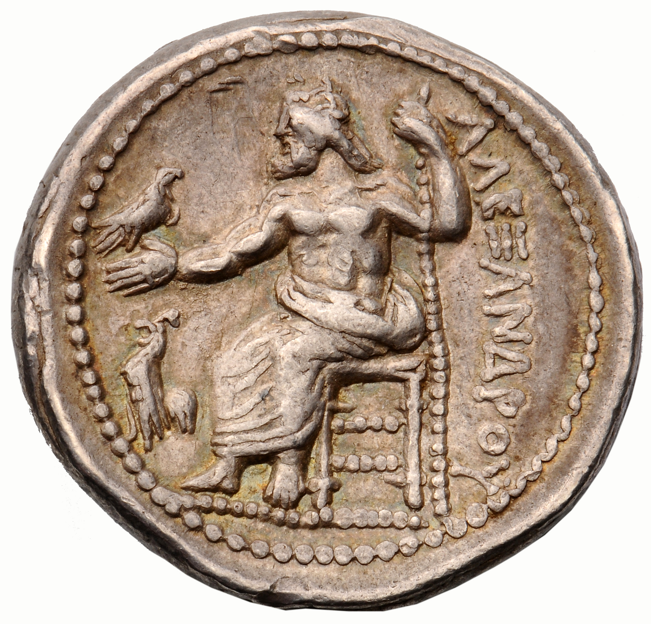 Alexander III reverse — Zeus seated on stool-throne left, eagle on outstretched right hand, sceptre in left hand